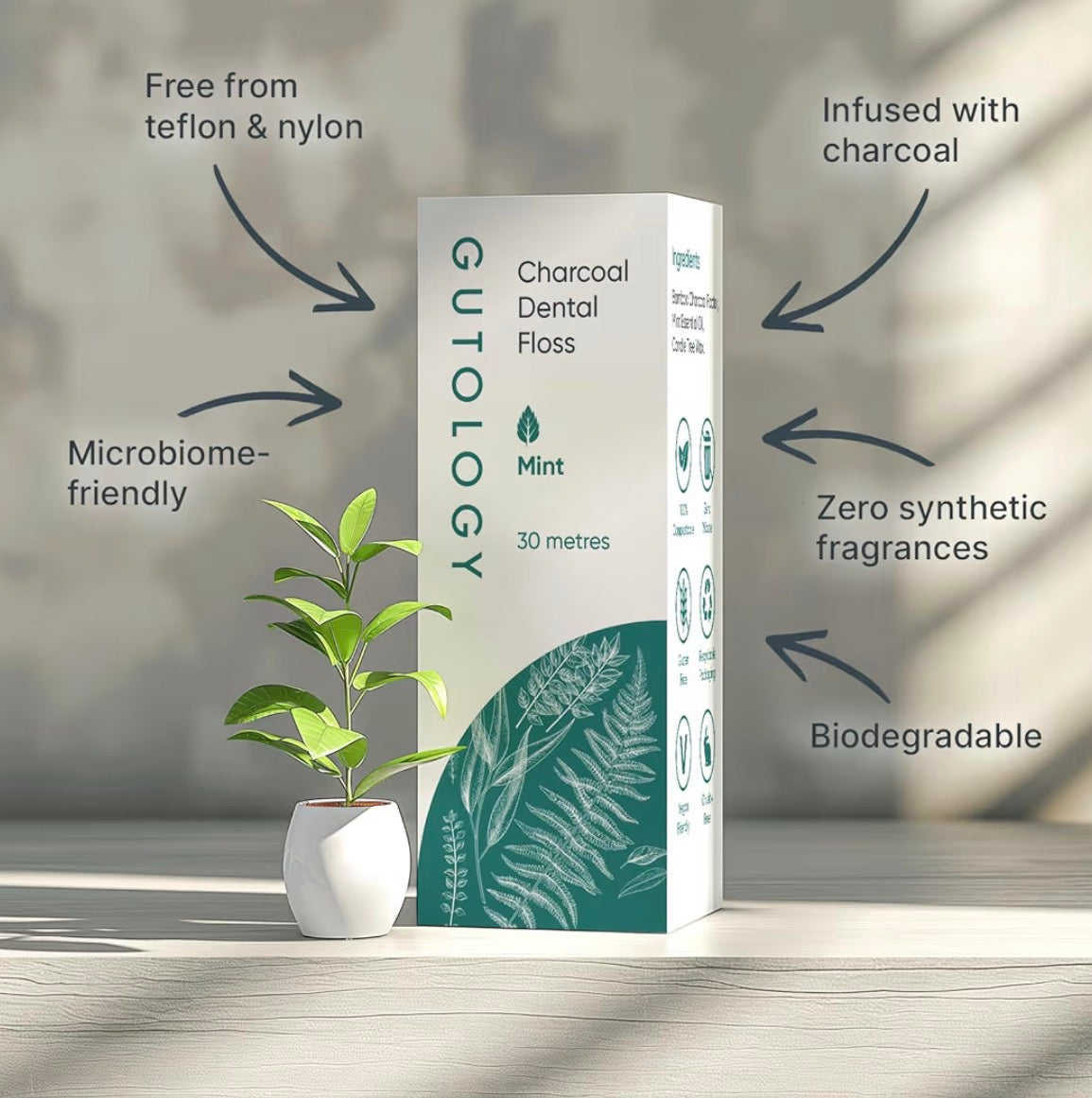 Gutology Charcoal Bamboo Dental Floss 30m Plant Based Mint Oil