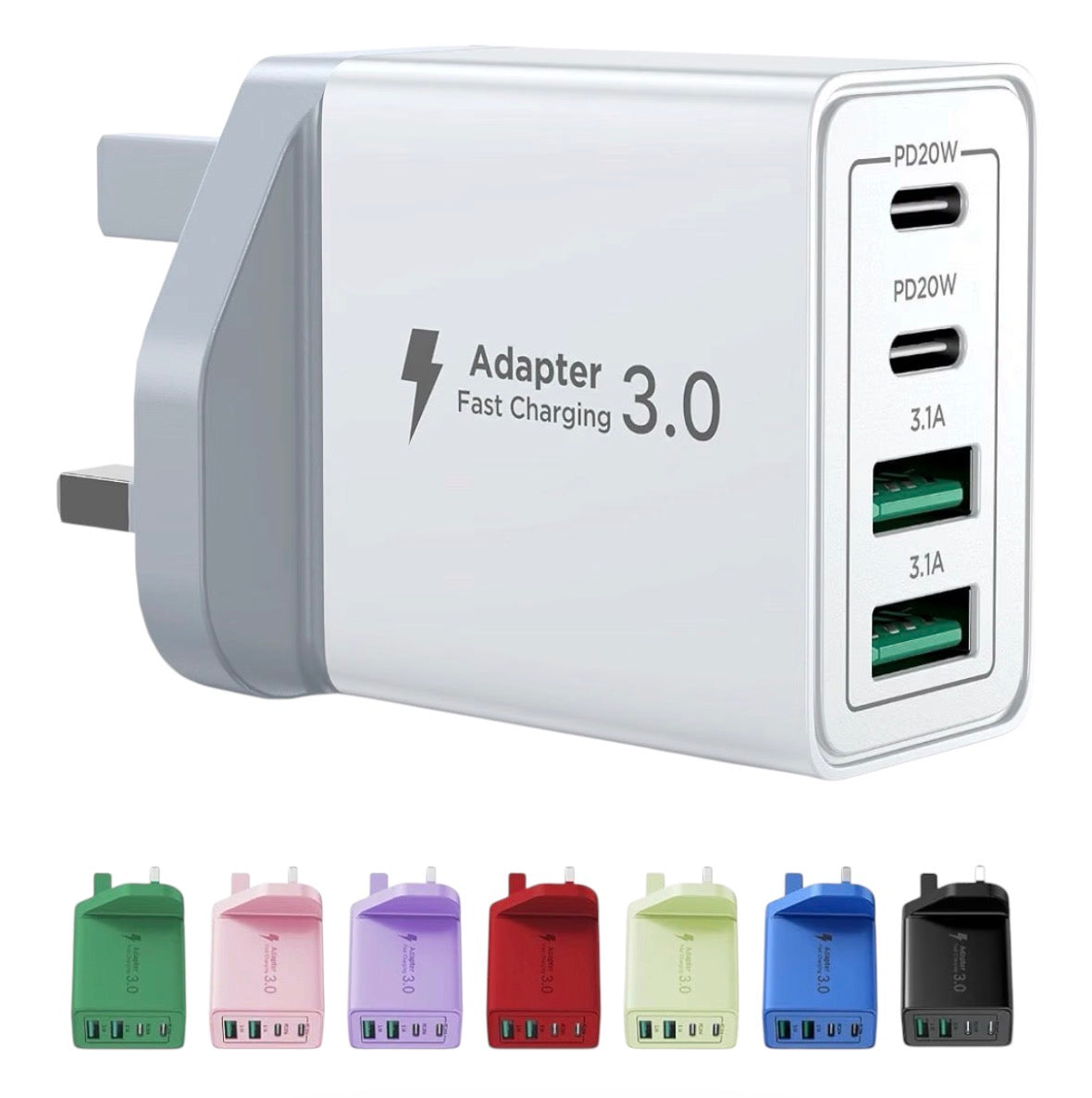 40W 4-Port USB-C Fast Charger Plug UK PD QC Multiport Wall Adapter