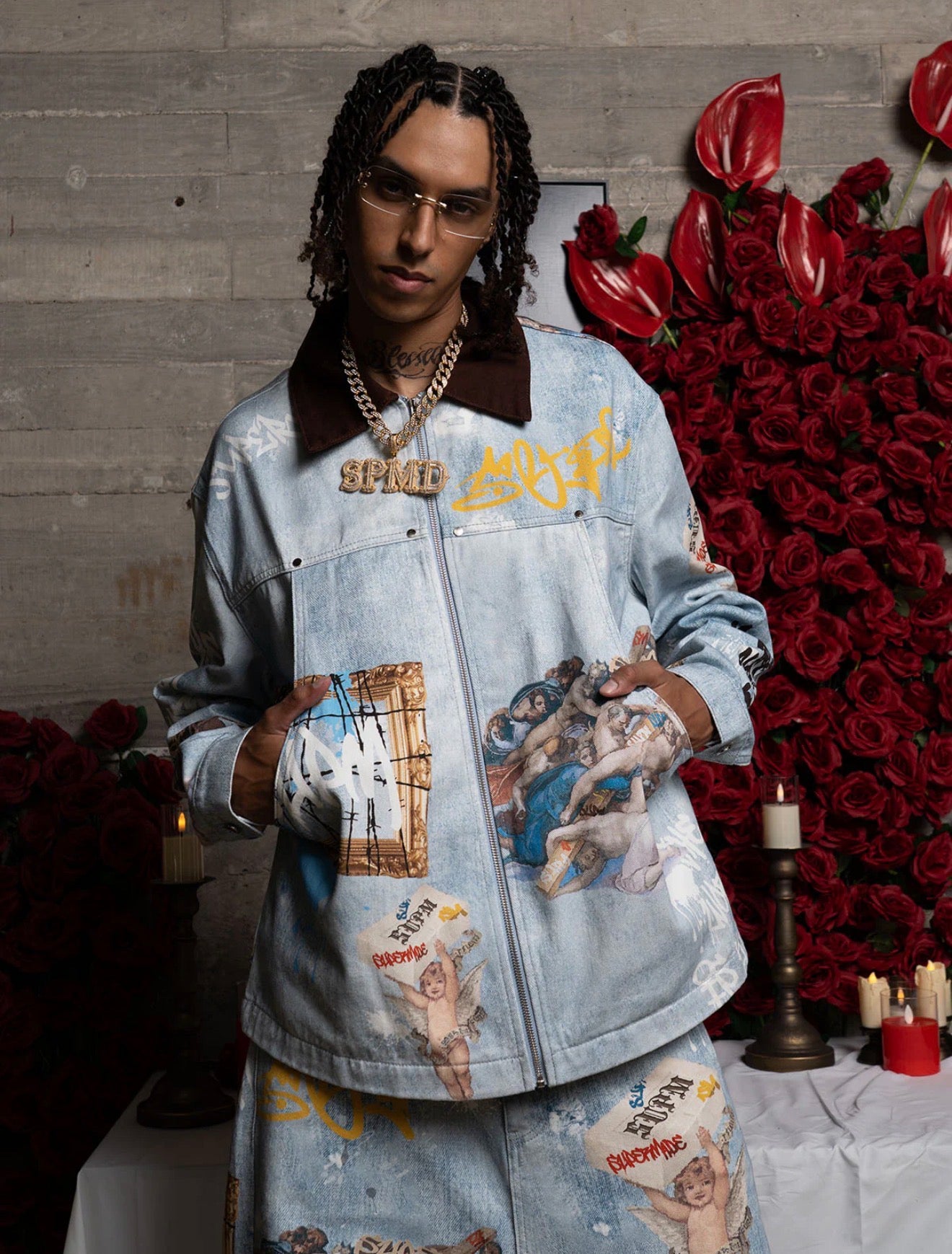 ARTISTIC PATCHES GRAPHIC DISTRESSED DENIM JACKET
