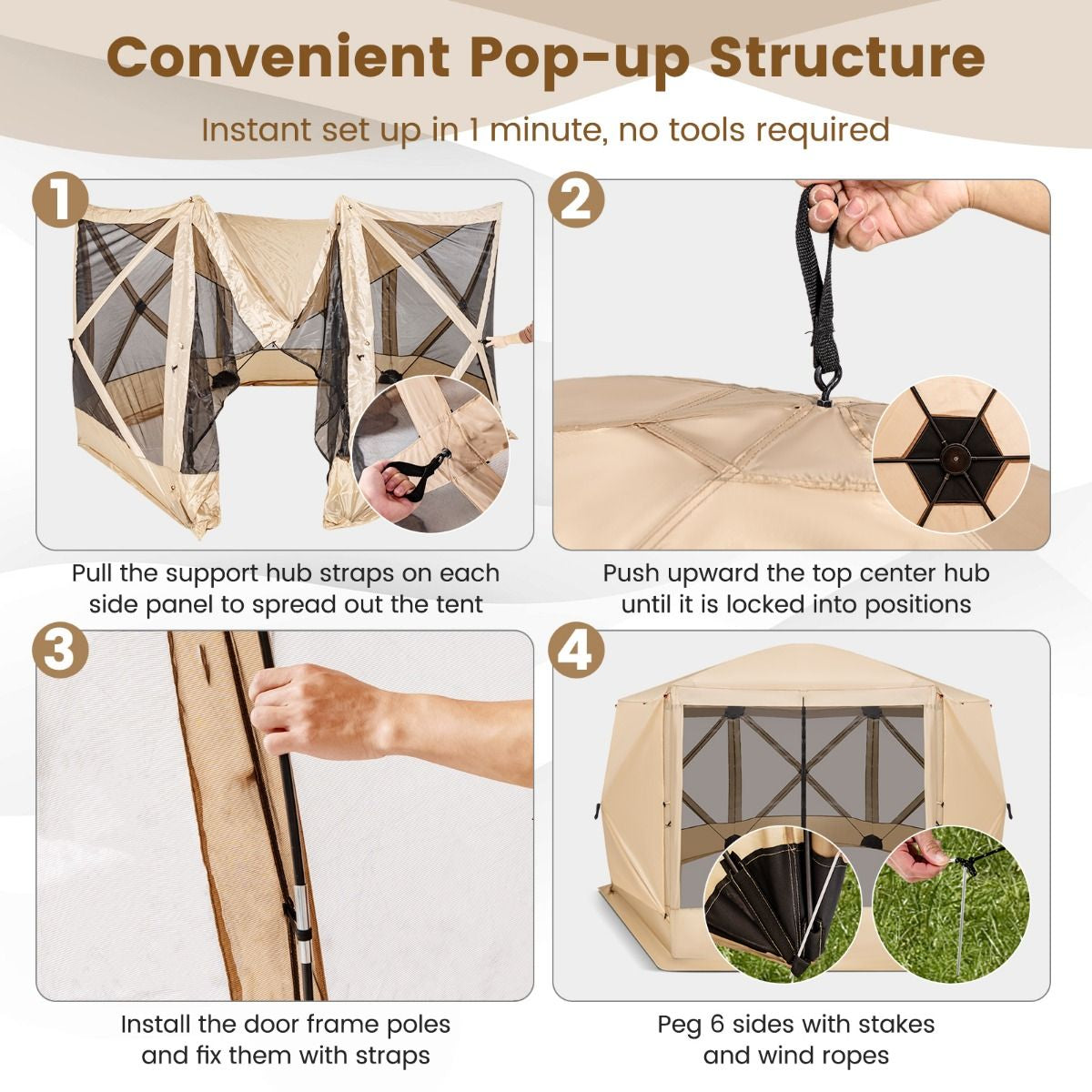 6-Sided Instant Setup Camping Gazebo with Portable Carrying Bag