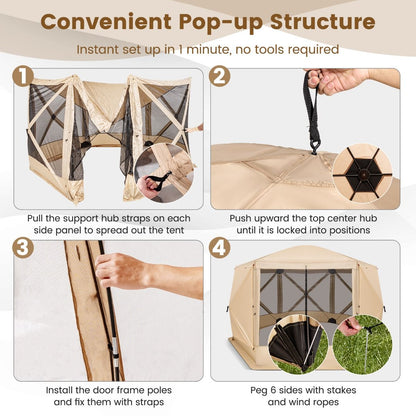 6-Sided Instant Setup Camping Gazebo with Portable Carrying Bag