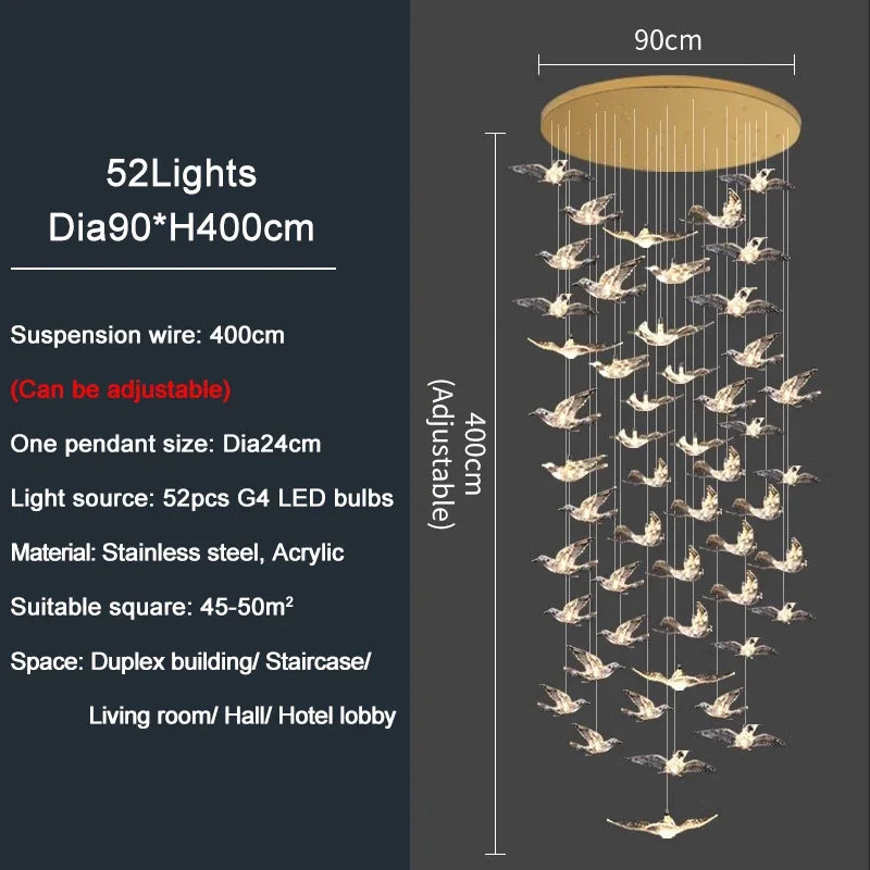 Luxury Led Chandelier for Staircase Modern Home Decor Hanging Lamp Creative Bird Design Lighting Acrylic Living Room Lustre