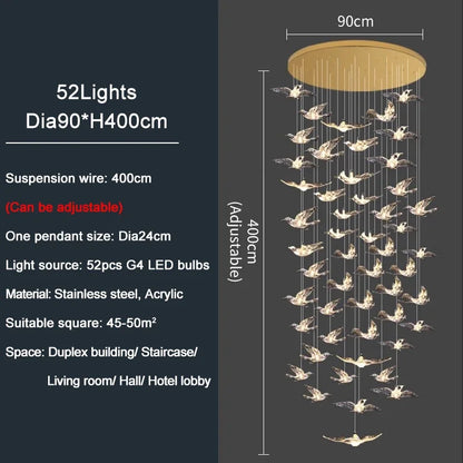 Luxury Led Chandelier for Staircase Modern Home Decor Hanging Lamp Creative Bird Design Lighting Acrylic Living Room Lustre