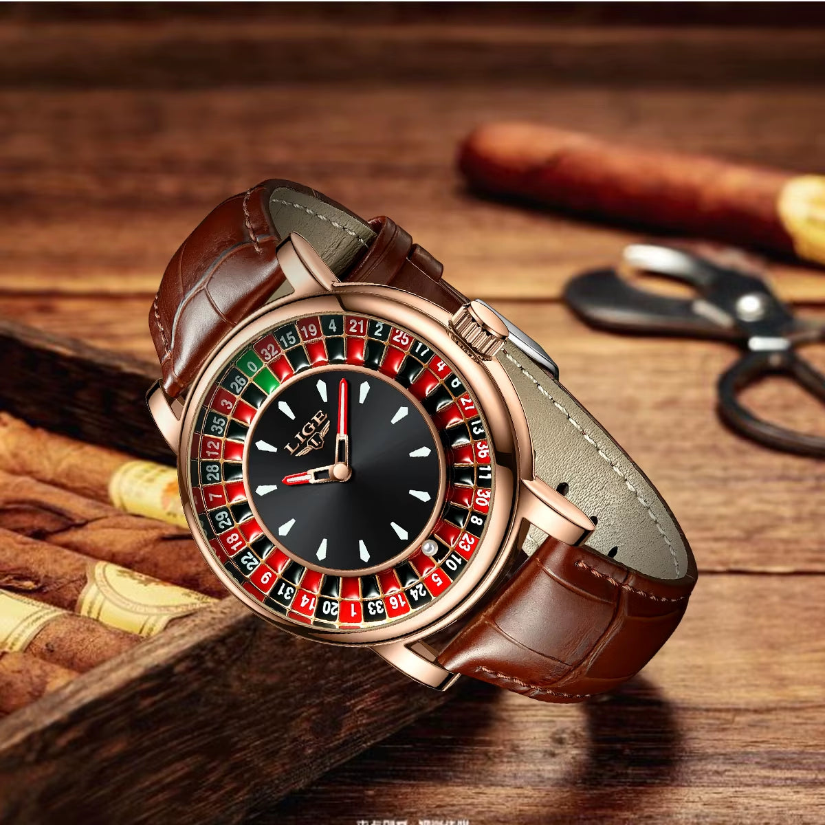 Quartz Man Watch Fashion Luxury Creative Roulette Game Dial Design Leather Casual Life Waterproof Watches for Men Gifts+Box
