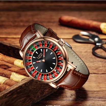 Quartz Man Watch Fashion Luxury Creative Roulette Game Dial Design Leather Casual Life Waterproof Watches for Men Gifts+Box