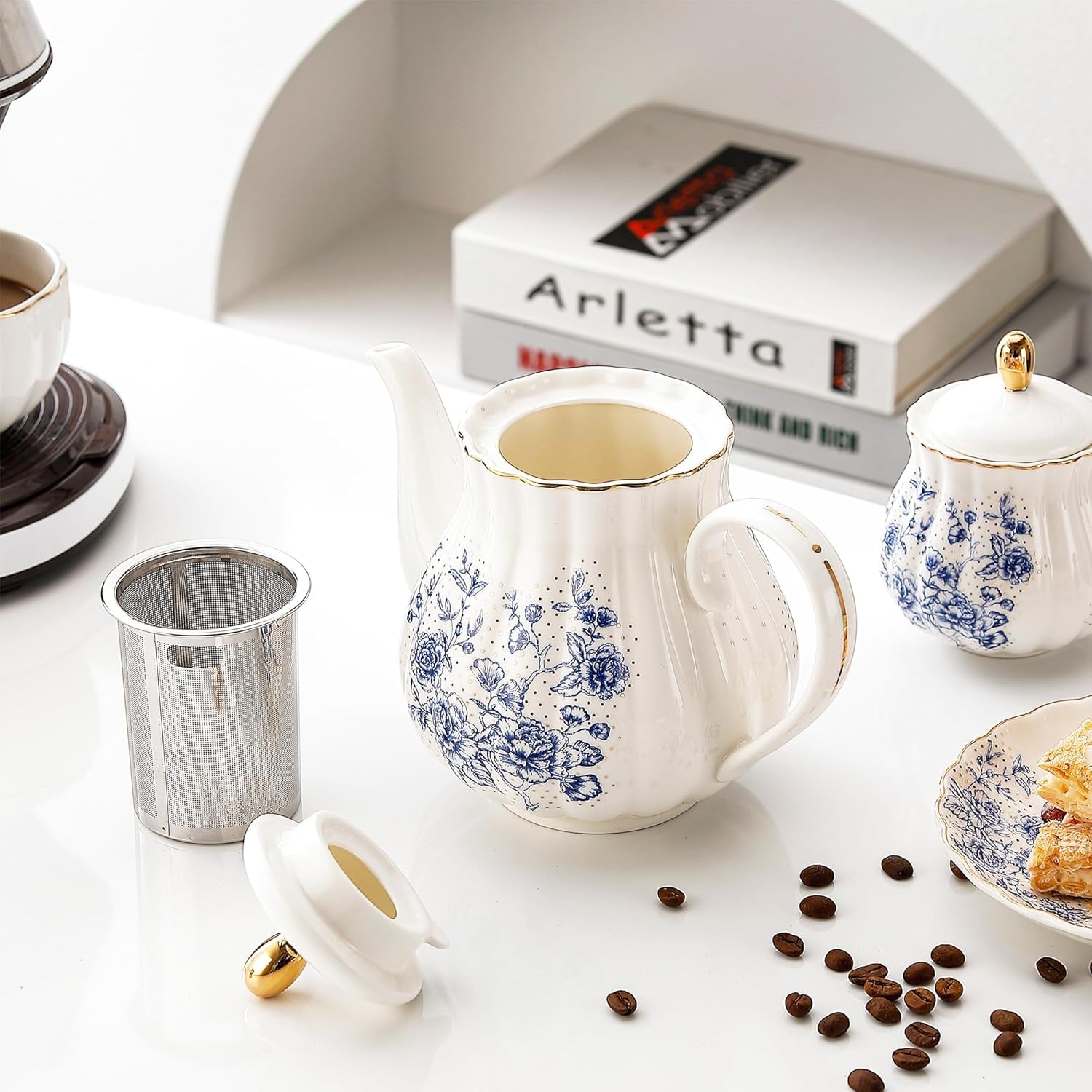 22Pcs Rose Porcelain Tea Set for Coffee,Tea Blue Porcelain Tea Cup Set