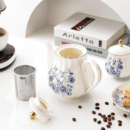 22Pcs Rose Porcelain Tea Set for Coffee,Tea Blue Porcelain Tea Cup Set