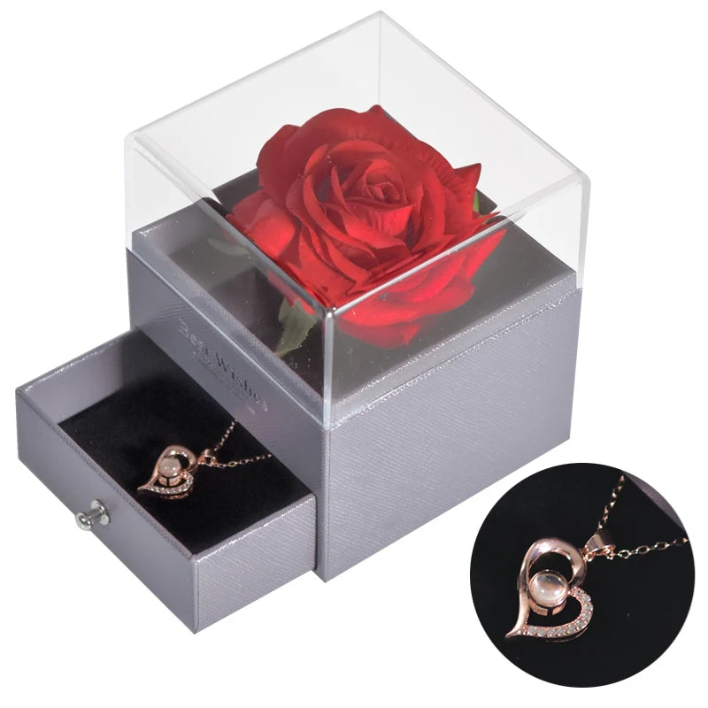 Eternal Rose Jewelry Box with 100 Languages "I Love You" Necklace – The Ultimate Romantic Gift!