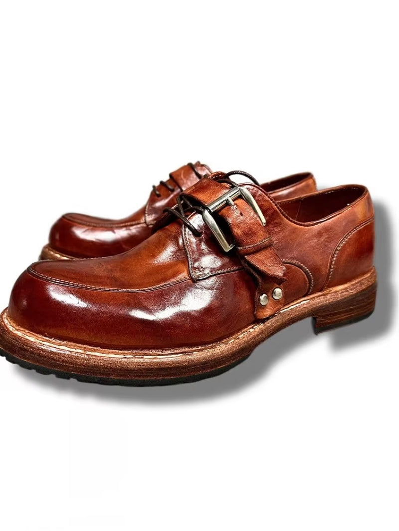 Handmade Mens Horsehide Genuine Leather Derby Shoes Thick Bottom Vintage Dress Shoes British Style round Toe Work Cargo Shoes