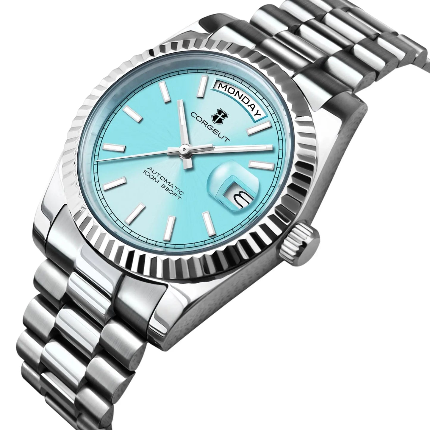 NH36 Mechanical Men'S Watch Date of the Week Show President Chain Strap Steel Case Watch Threaded Arc Bezel Waterp