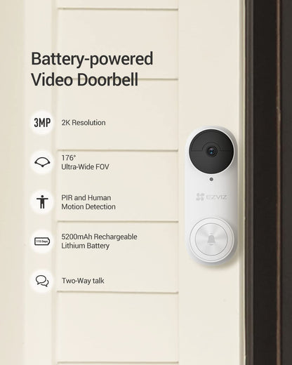 2K Battery Video Doorbell Camera with Chime No Monthly Fee, Wireless, Rechargeable, 256GB SD Card Supports, Human Detection, Ultra-Wide View, 2.4Ghz Wifi, Voice Changer, Alexa Control (DB2)