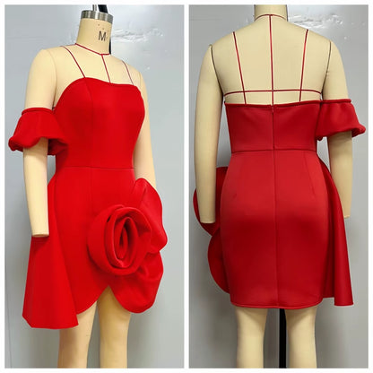 Women Sexy Tube Top Mini Dresses 3D Big Flower Party off Shoulder Bodycon Evening Wedding Guest Celebrate Event Home Coming New