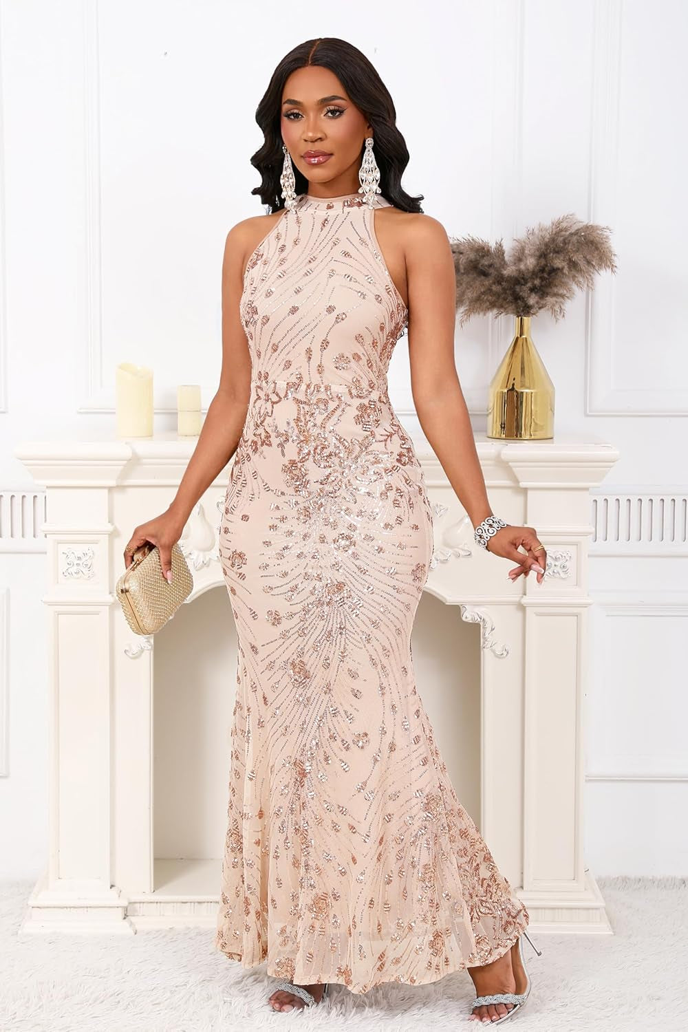 Women'S Floral Sleeveless Halter Neck Bodycon Mermaid Evening Party Prom Cocktail Formal Sequin Maxi Dress