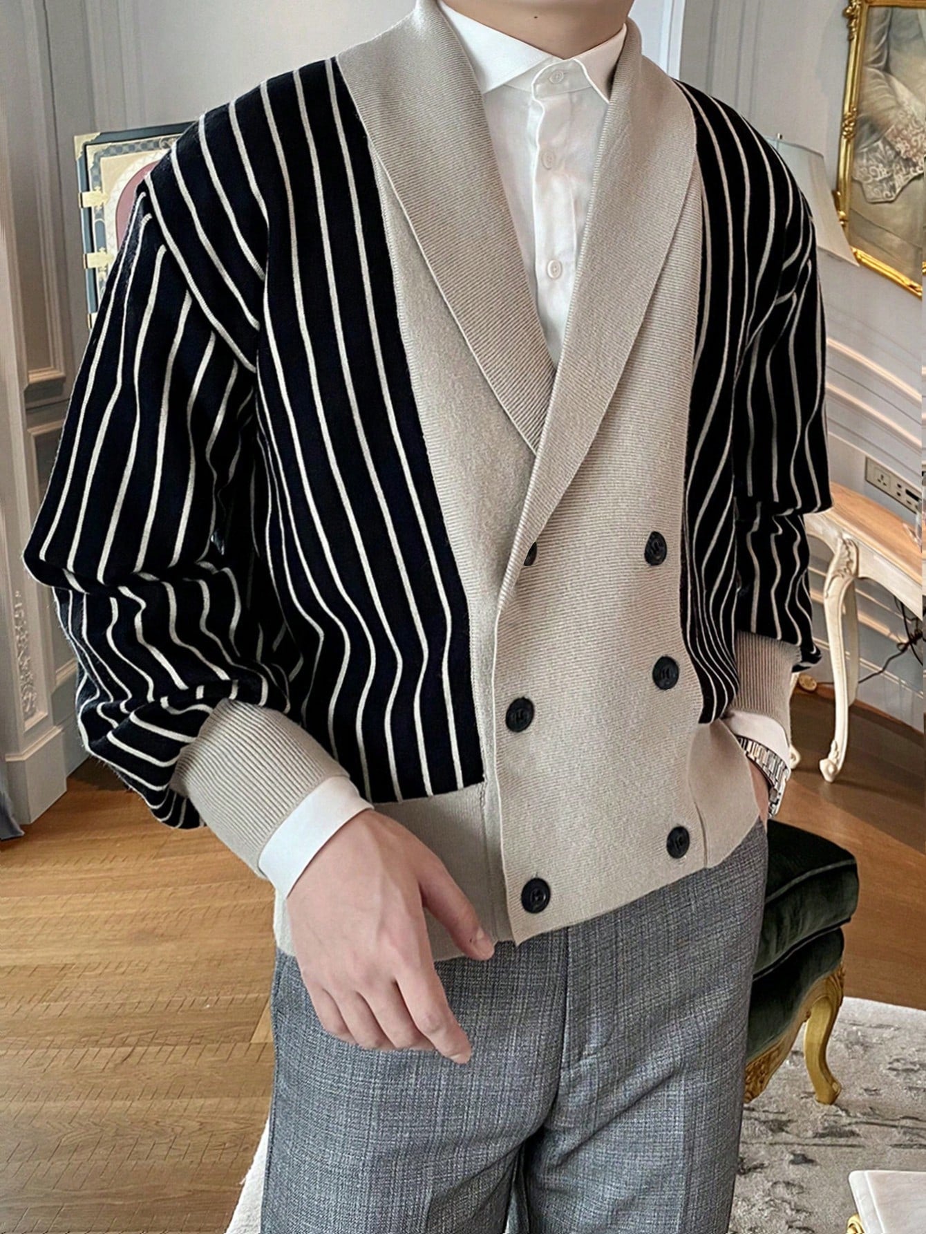Men Striped Pattern Shawl Collar Double Breasted Cardigan, for Fall Winter