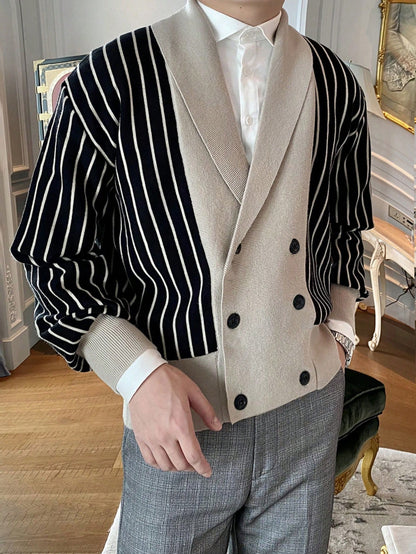 Men Striped Pattern Shawl Collar Double Breasted Cardigan, for Fall Winter
