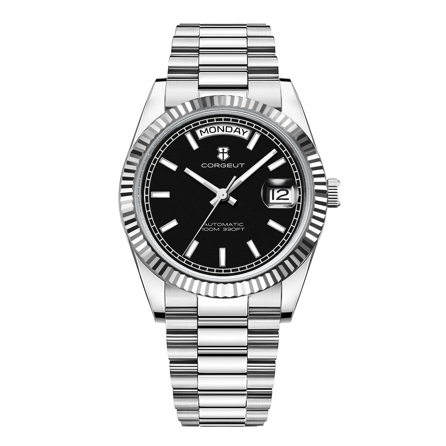 NH36 Mechanical Men'S Watch Date of the Week Show President Chain Strap Steel Case Watch Threaded Arc Bezel Waterp