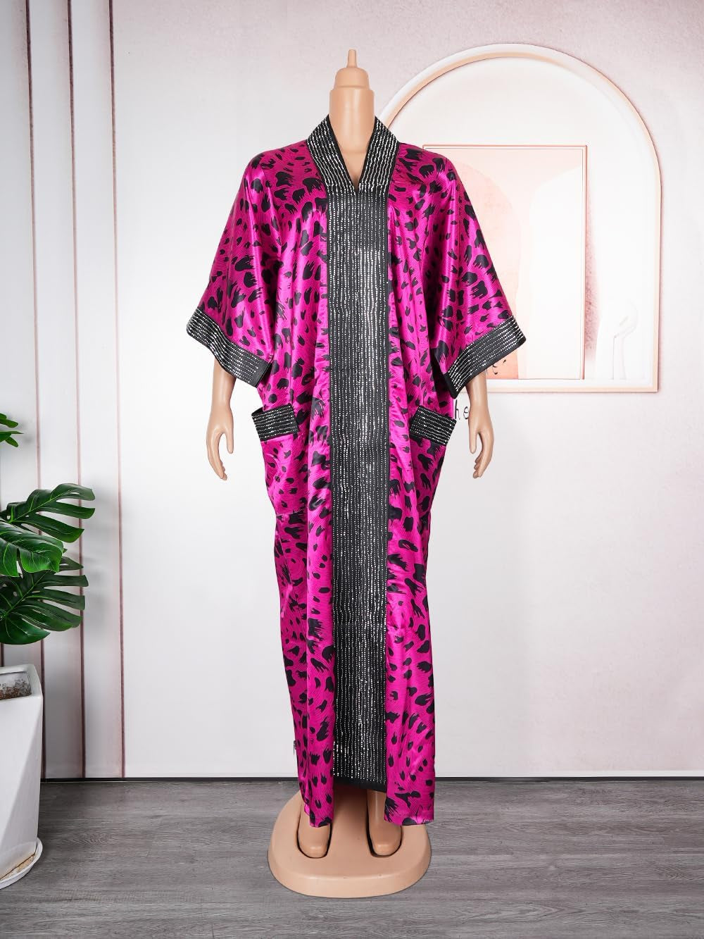 African Print Boubou Dress for Woman Rhinestone Kaftan Casual Gown Half Sleeves