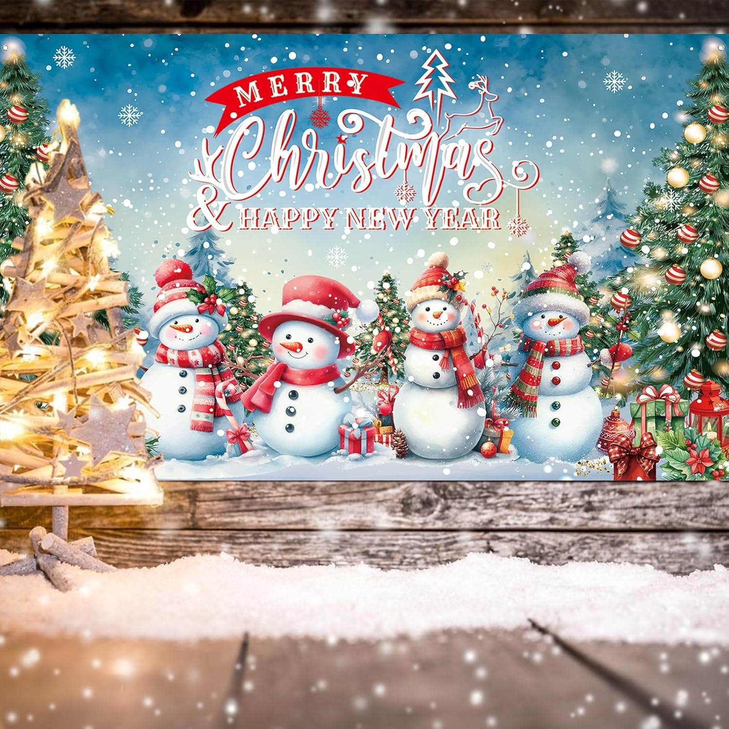 Large Christmas Banner Backdrop, Snowman Merry Christmas Banner Indoor Xmas Photography Background Party Decoration for Xmas New Year Party Photo Booth Wall Hanging Decor, 72.8 X 43.3 Inch
