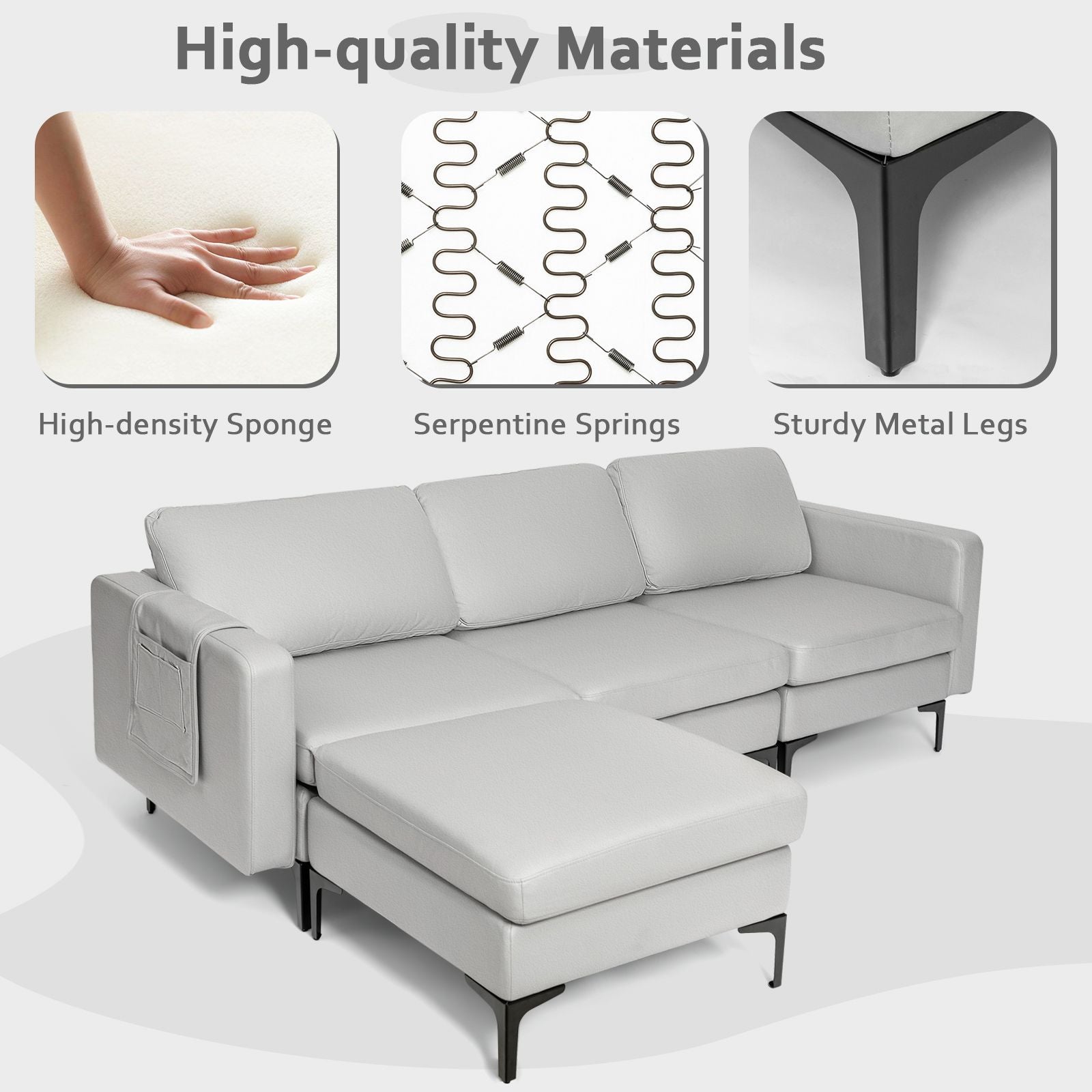 Modular L-Shaped Sofa with Reversible Ottoman and Integrated Power Outlet