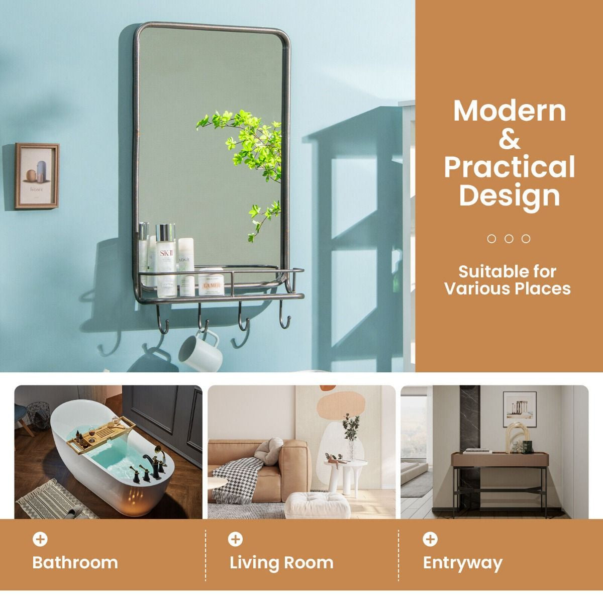 Rectangular Wall-Mounted Bathroom Mirror with Integrated Storage Shelf and Hooks System