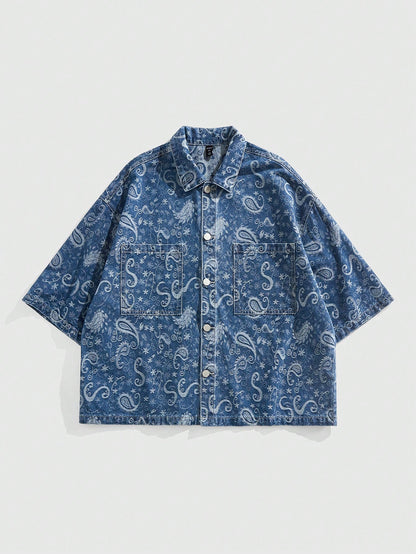 ROMWE MEN Grunge Punk Men'S Summer Vacation Paisley Print Patchwork Pocket Short Sleeve Denim Shirt