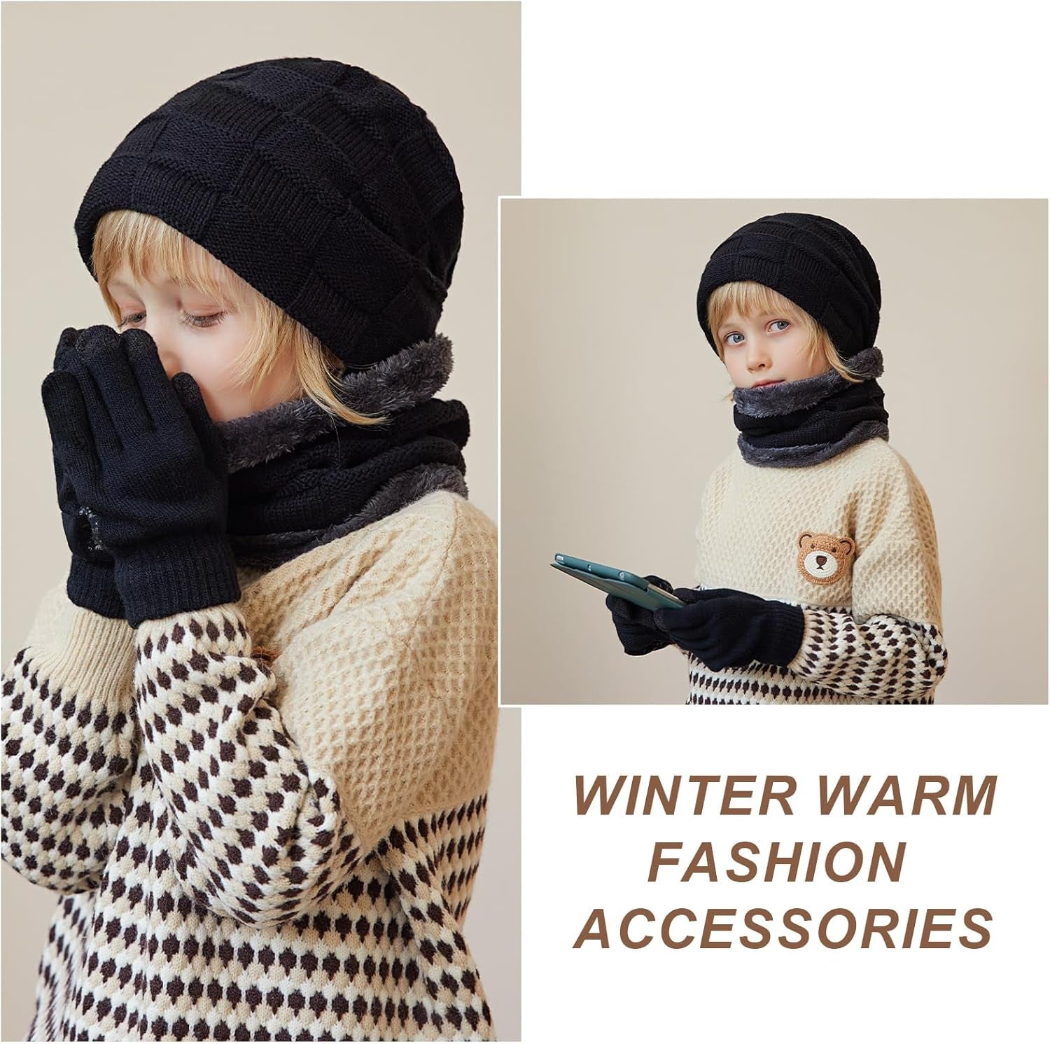 3Pcs Kids Hat Scarf Gloves Set, Winter Knitted Fleece Lined Beanie Hat Neck Warmer Touch Screen Gloves for Girls Boys