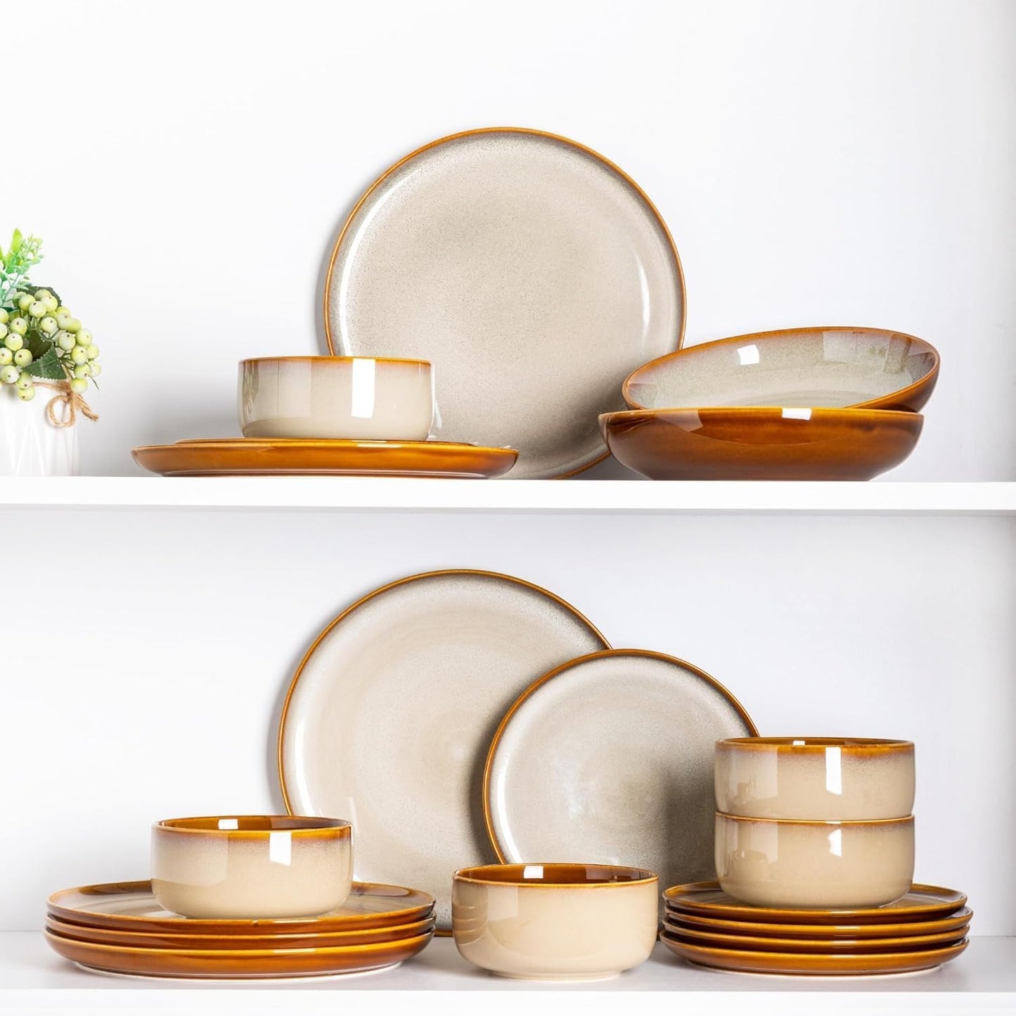 Dinner Set for 6, 18 Piece Stoneware Plates and Bowls Set, Chip & Scratch Resistant Reactive Glazed Dinnerware Set, Dishwasher & Microwave Safe Crockery Set (Cappuccino, Service for 6)