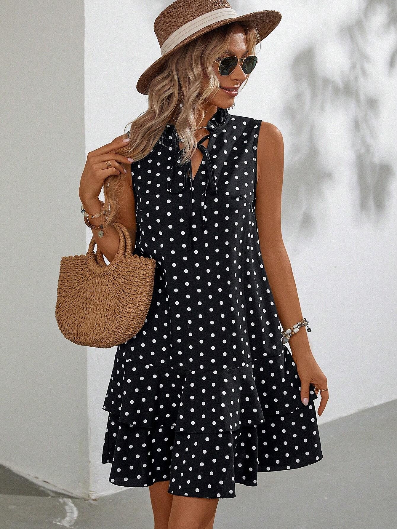 Emery Rose Polka Dot Tie Neck Ruffle Hem Smock Dress