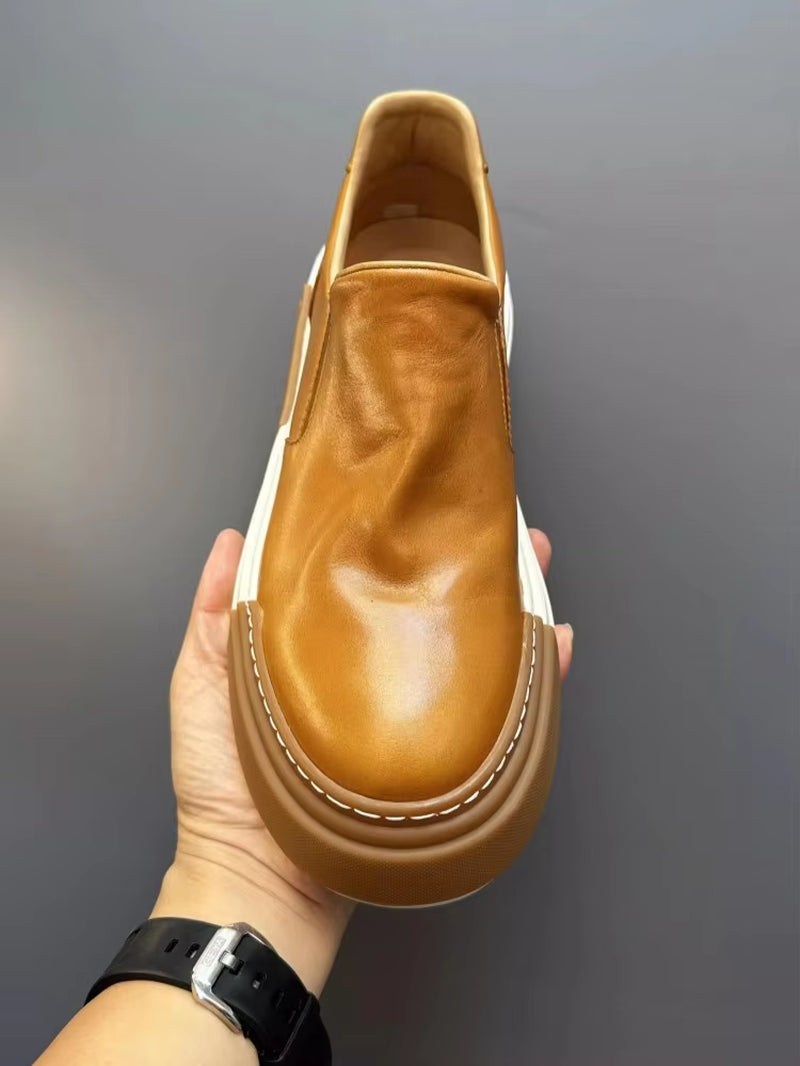 Vintage Men High Quality Horsehide Genuine Leather Slip on Loafers Thick Platform Low Cut Casual Shoes Autumn outside Sneakers