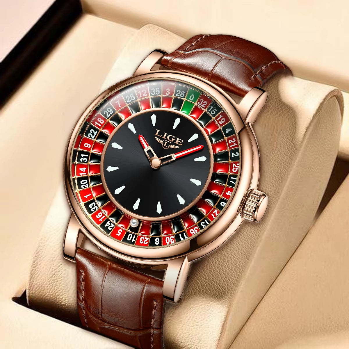 Quartz Man Watch Fashion Luxury Creative Roulette Game Dial Design Leather Casual Life Waterproof Watches for Men Gifts+Box