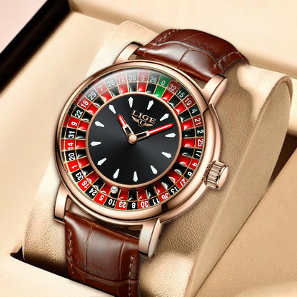 Quartz Man Watch Fashion Luxury Creative Roulette Game Dial Design Leather Casual Life Waterproof Watches for Men Gifts+Box