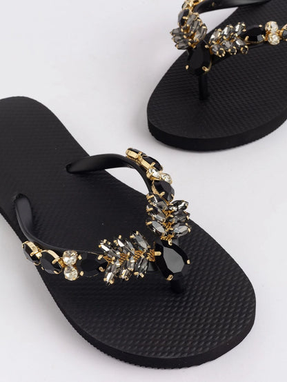Fashionable Flip Flops for Women, Gemstone Decor Slippers