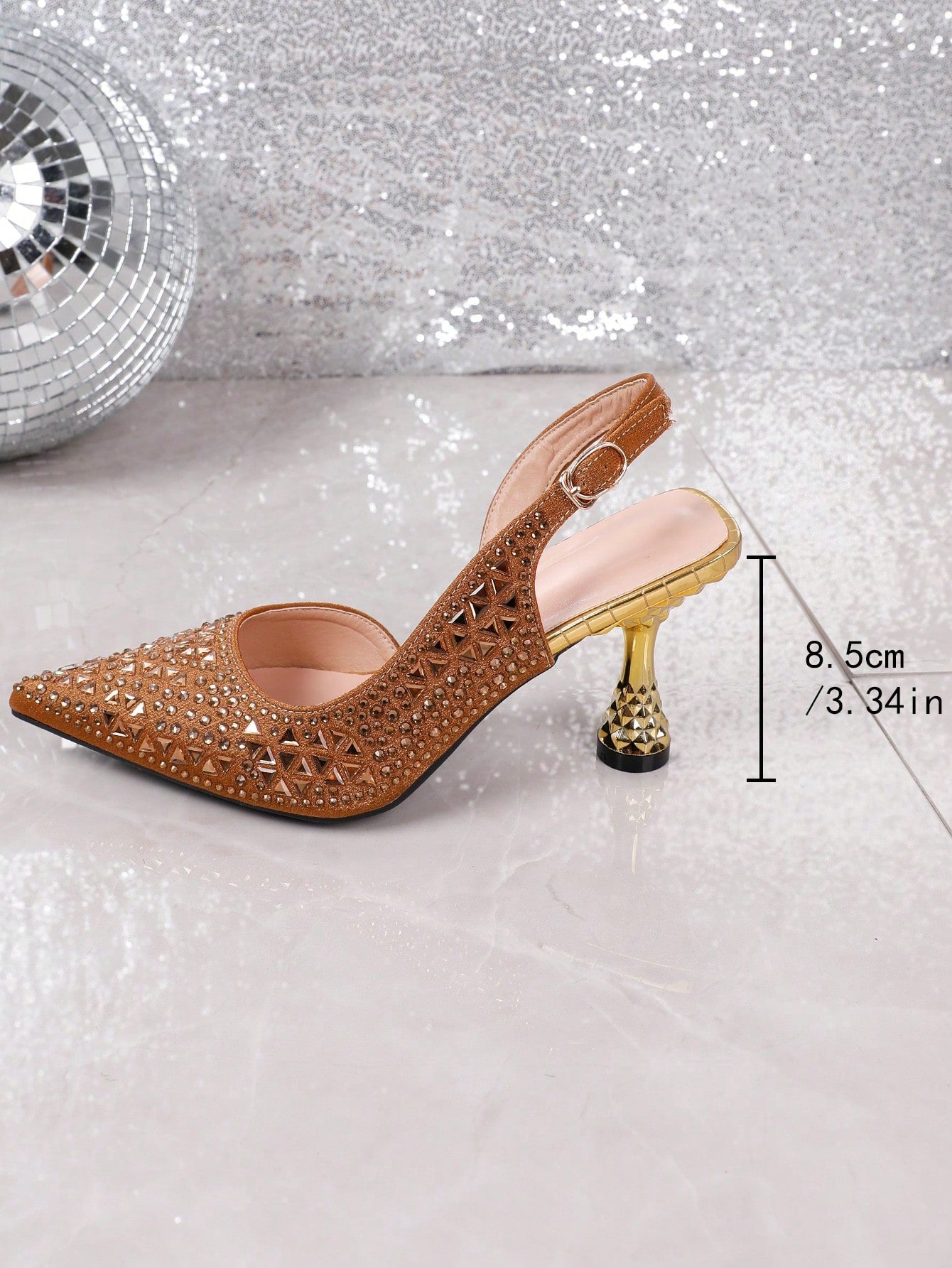 Pink Elastic Strap Back Rhinestone Women'S Sandals, Pointed Toe Backless Square High Heel Shoes, Unique Design
