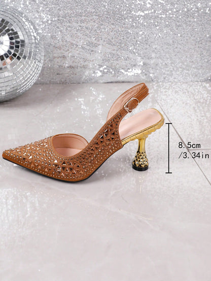 Pink Elastic Strap Back Rhinestone Women'S Sandals, Pointed Toe Backless Square High Heel Shoes, Unique Design