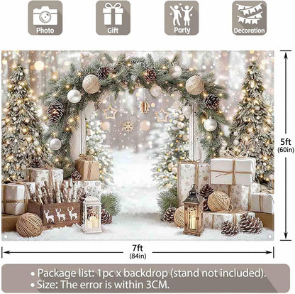 7X5Ft Christmas Gold White Backdrop Winter Xmas Trees Gifts Warm Snowy Brown Outdoor Pure Holy Background Celebrate Festival Decor Photo Banner Props