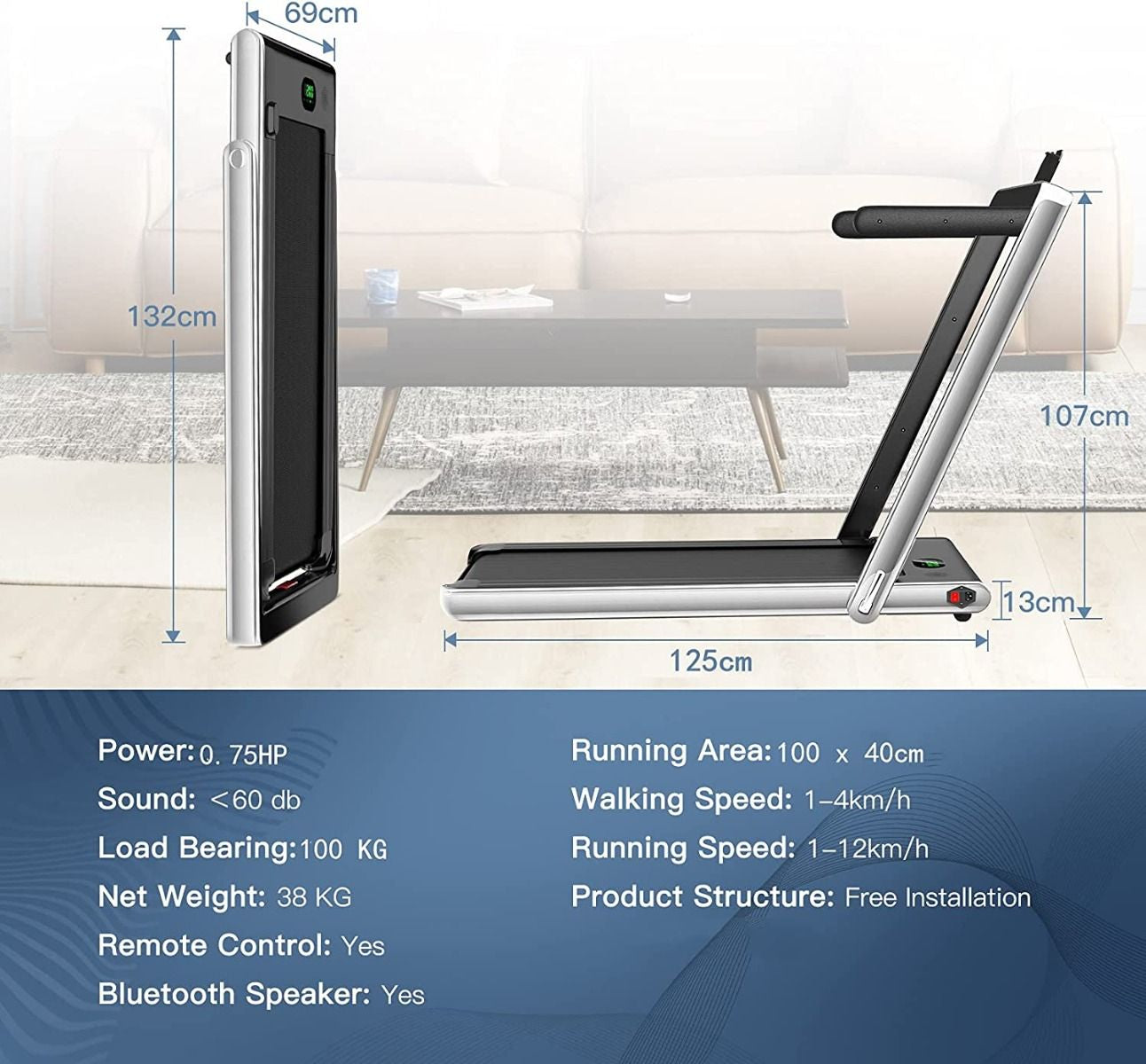 Folding Electric Treadmill with Bluetooth Connectivity (1-12 KPH)