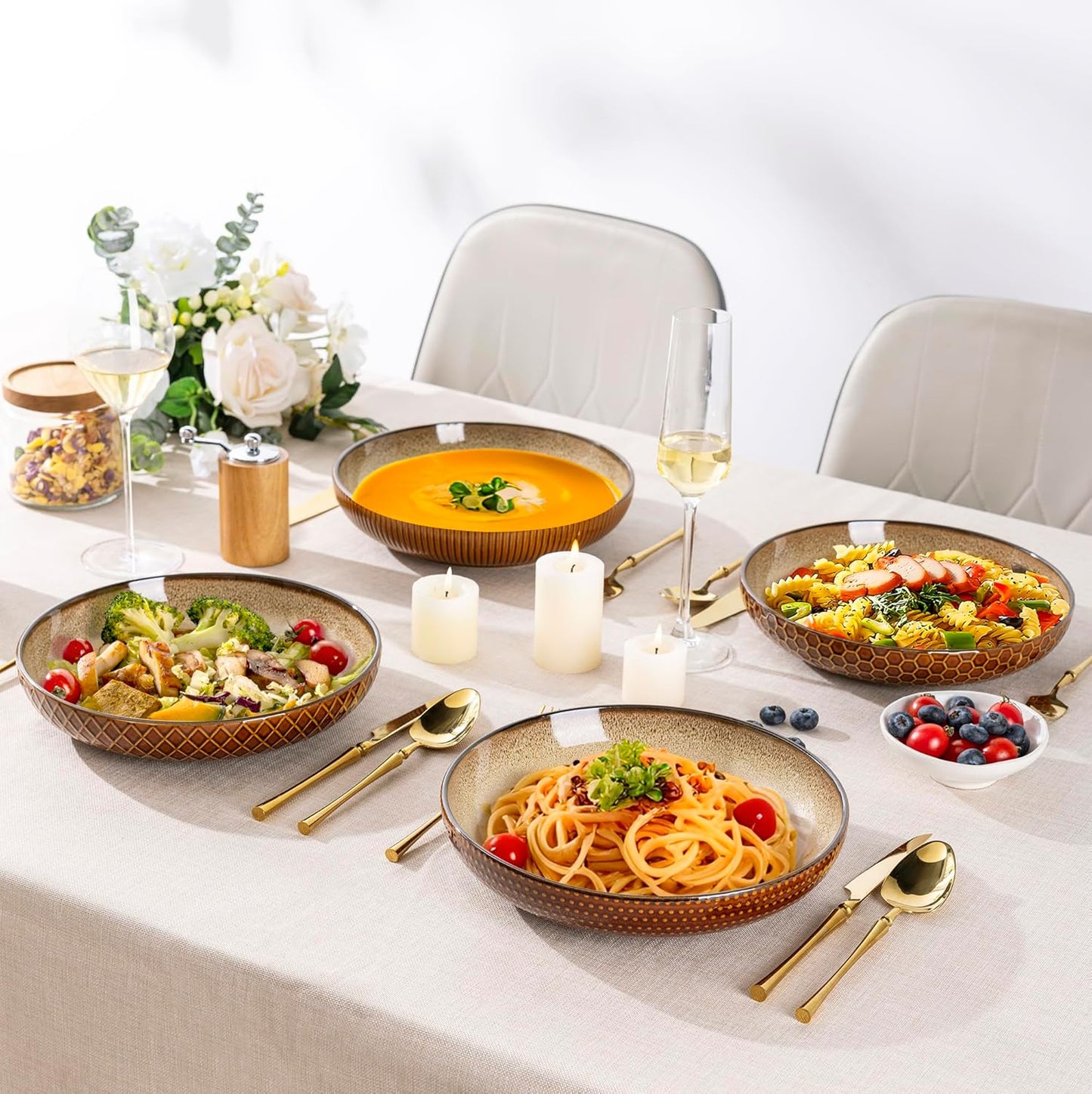 9.5'' Large Pasta Bowls, 42 Ounce Stoneware Salad Bowls for Kitchen, Ceramic Serving Bowls with Textured Pattern for Pasta,Fruit, Stews,Noodle, House-Warming Gift,Set of 4