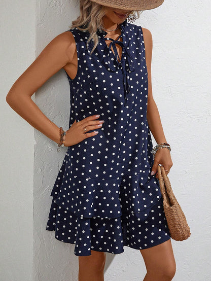 Emery Rose Polka Dot Tie Neck Ruffle Hem Smock Dress