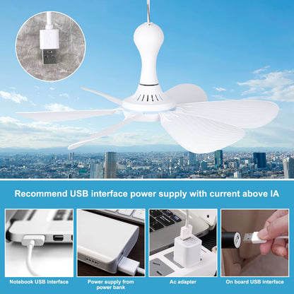Silent 6 Leaves USB Powered Ceiling Canopy Fan with Remote Control Timing 4 Speed Hanging Fan for Camping Bed Dormitory Tent New