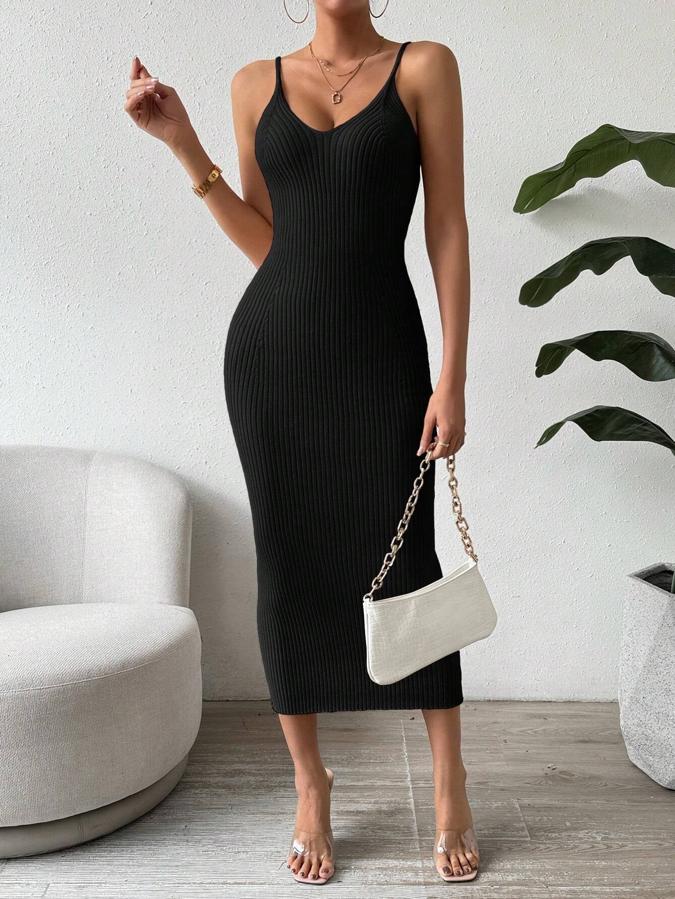 Raffinée Women's Elegant Solid Color Slim Fit Sleeveless Knit Sweater Dress