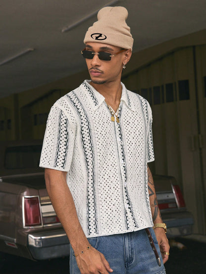 AXEPEAK Multiple Sizes Water-Soluble Floral Print Turndown Collar Loose Fit Men'S Knit Top, Streetwear Influence