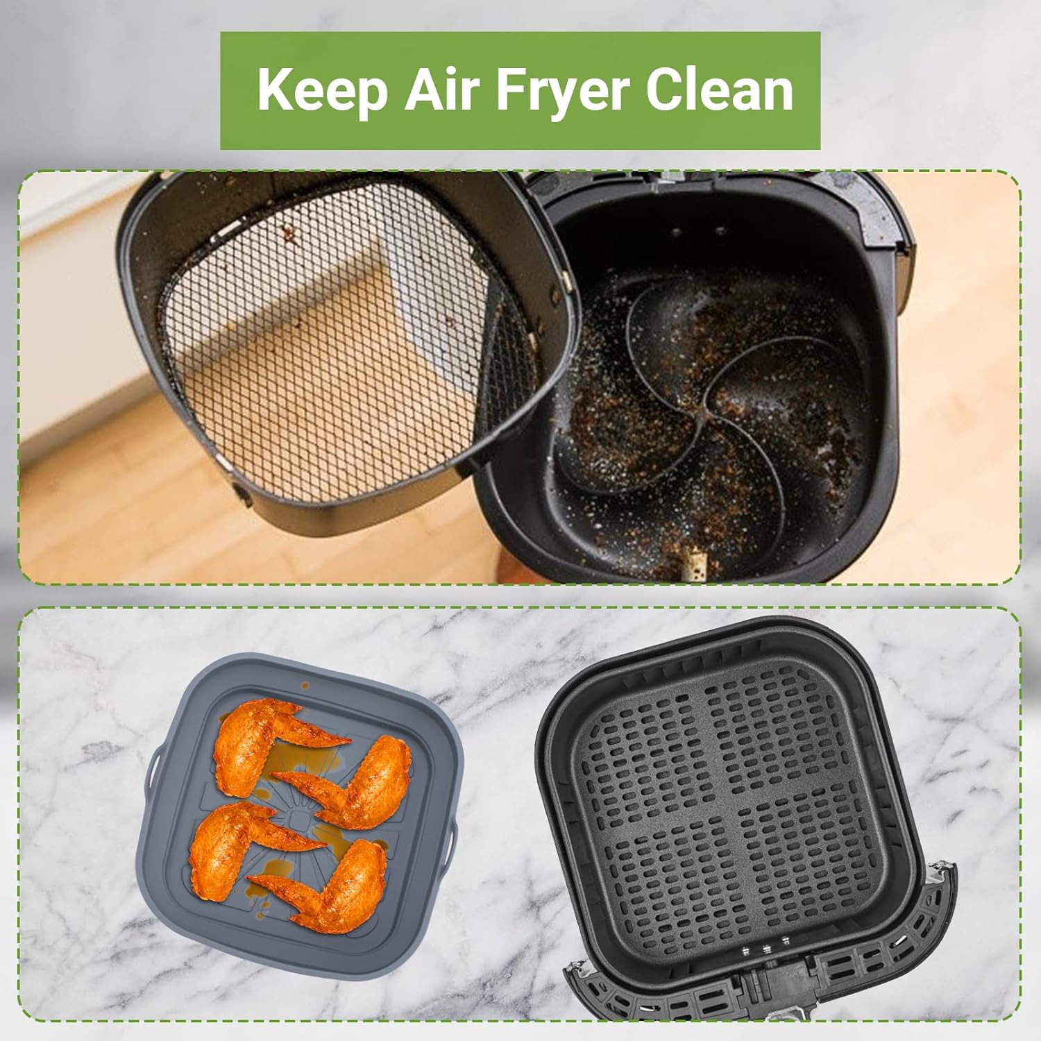 Silicone Air Fryer Liners 2PCS Reusable Airfryer Tray Foldable Kitchen Accessories Basket Versatile Square Baking Rack Pot for Microwave, Oven (Blue+Grey)