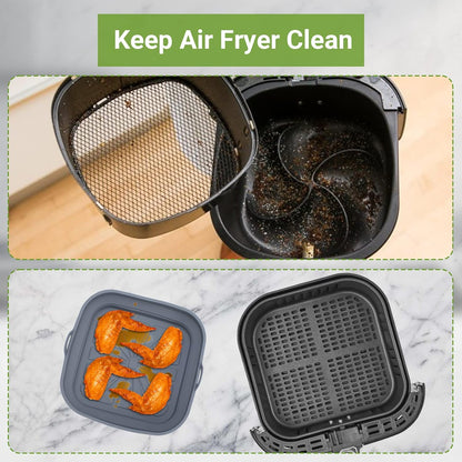 Silicone Air Fryer Liners 2PCS Reusable Airfryer Tray Foldable Kitchen Accessories Basket Versatile Square Baking Rack Pot for Microwave, Oven (Blue+Grey)
