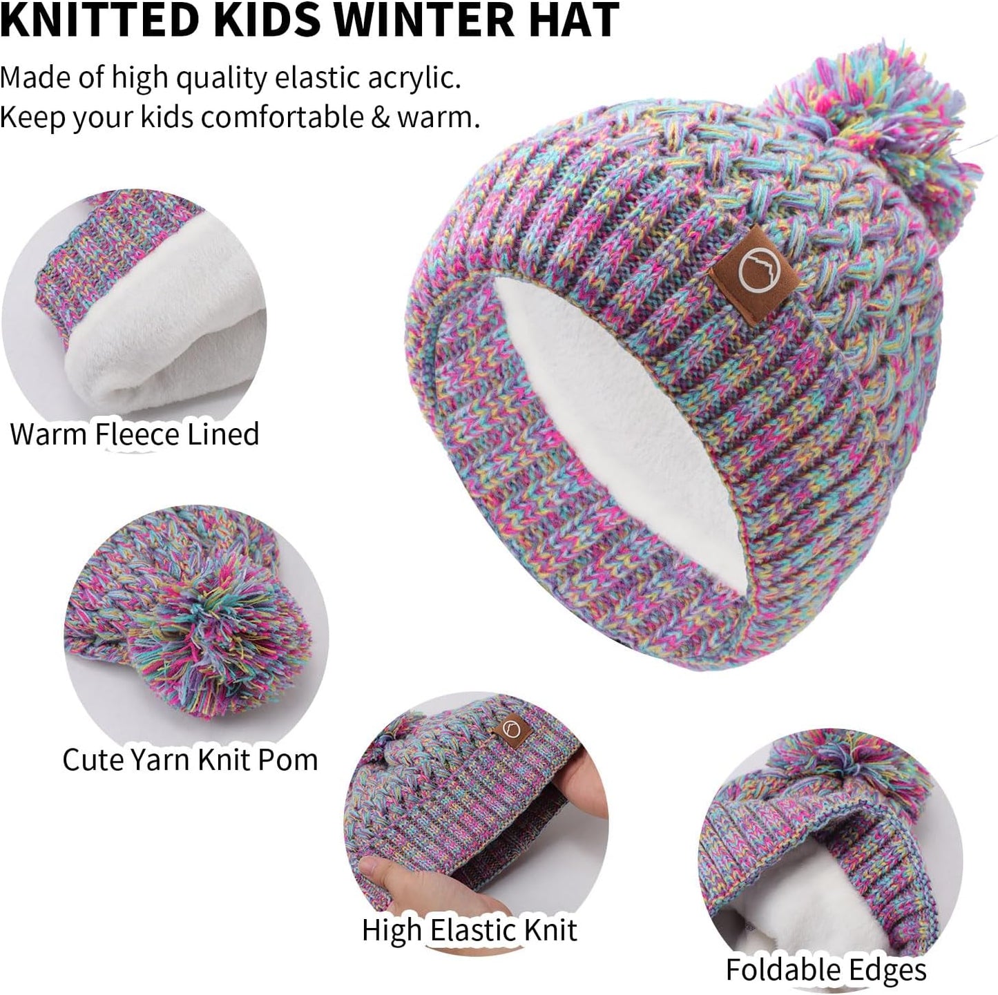 Kids Winter Hat Scarf and Gloves Set,Warm Thermal Knitted Beanie Cap Snood Neck Warmer Touchscreen Mitten with Soft Fleece Lining for Girls Boys Age 4-10