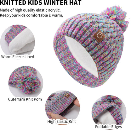 Kids Winter Hat Scarf and Gloves Set,Warm Thermal Knitted Beanie Cap Snood Neck Warmer Touchscreen Mitten with Soft Fleece Lining for Girls Boys Age 4-10