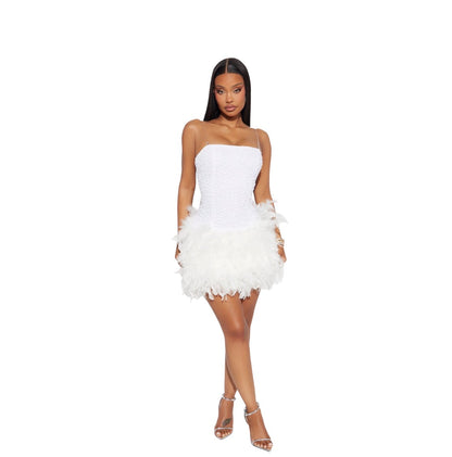 Zoey Feathered Sequin Mini Dress White