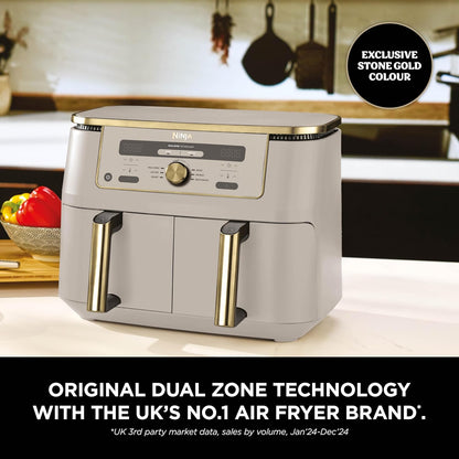 MAX Dual Zone Digital Air Fryer, 2 Drawers, 9.5L, 6-In-1, Uses No Oil, Air Fry, Max Crisp, Roast, Bake, Reheat, Dehydrate, Non-Stick, Dishwasher Safe Baskets, Stone Gold DZ400UKSTGD