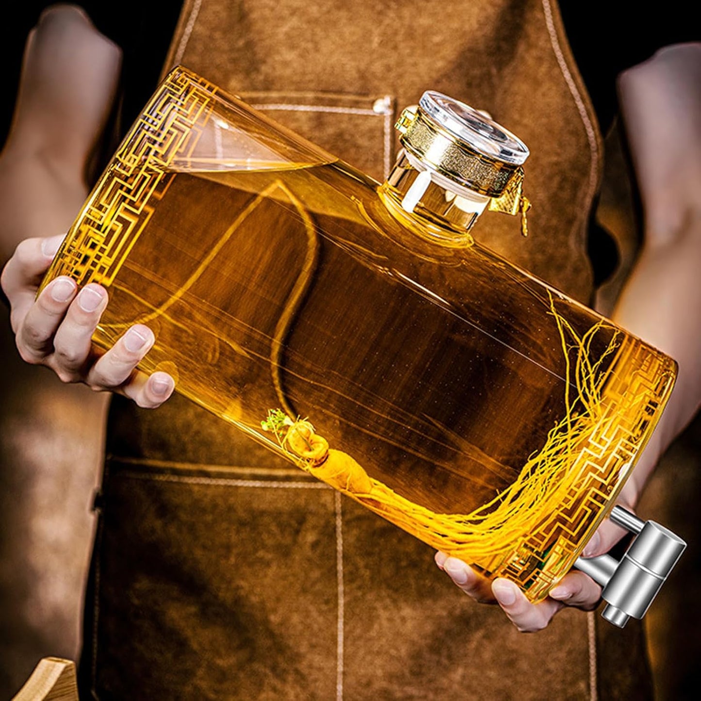 Glass Barrel Dispenser with Tap, Whiskey Decanter Set 5L Whiskey Barrel Whiskey Decanter Drink Dispenser for Wine for Scotch Bourbon Vodka Rum and Liquor Party Drink (A)
