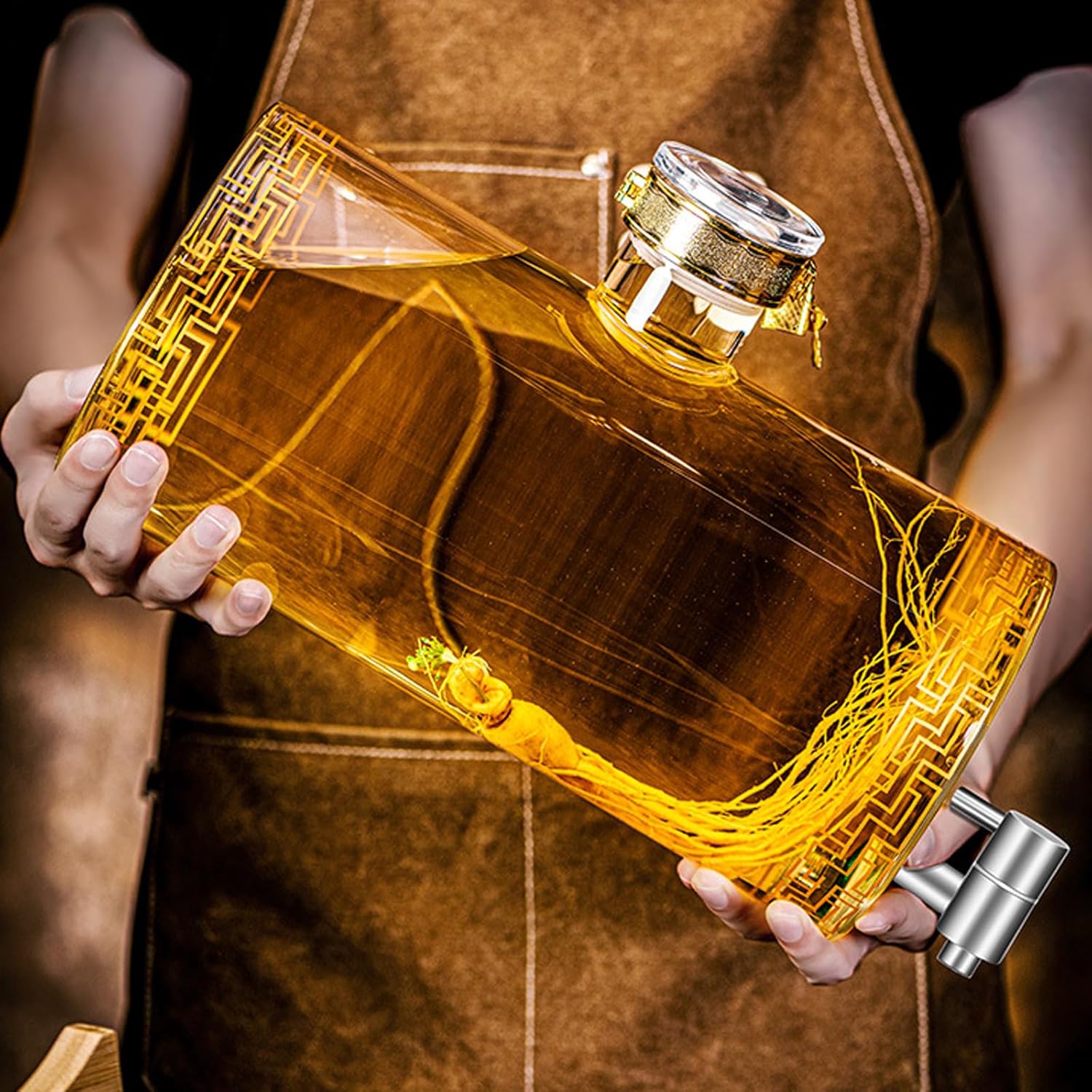 Glass Barrel Dispenser with Tap, Whiskey Decanter Set 5L Whiskey Barrel Whiskey Decanter Drink Dispenser for Wine for Scotch Bourbon Vodka Rum and Liquor Party Drink (A)