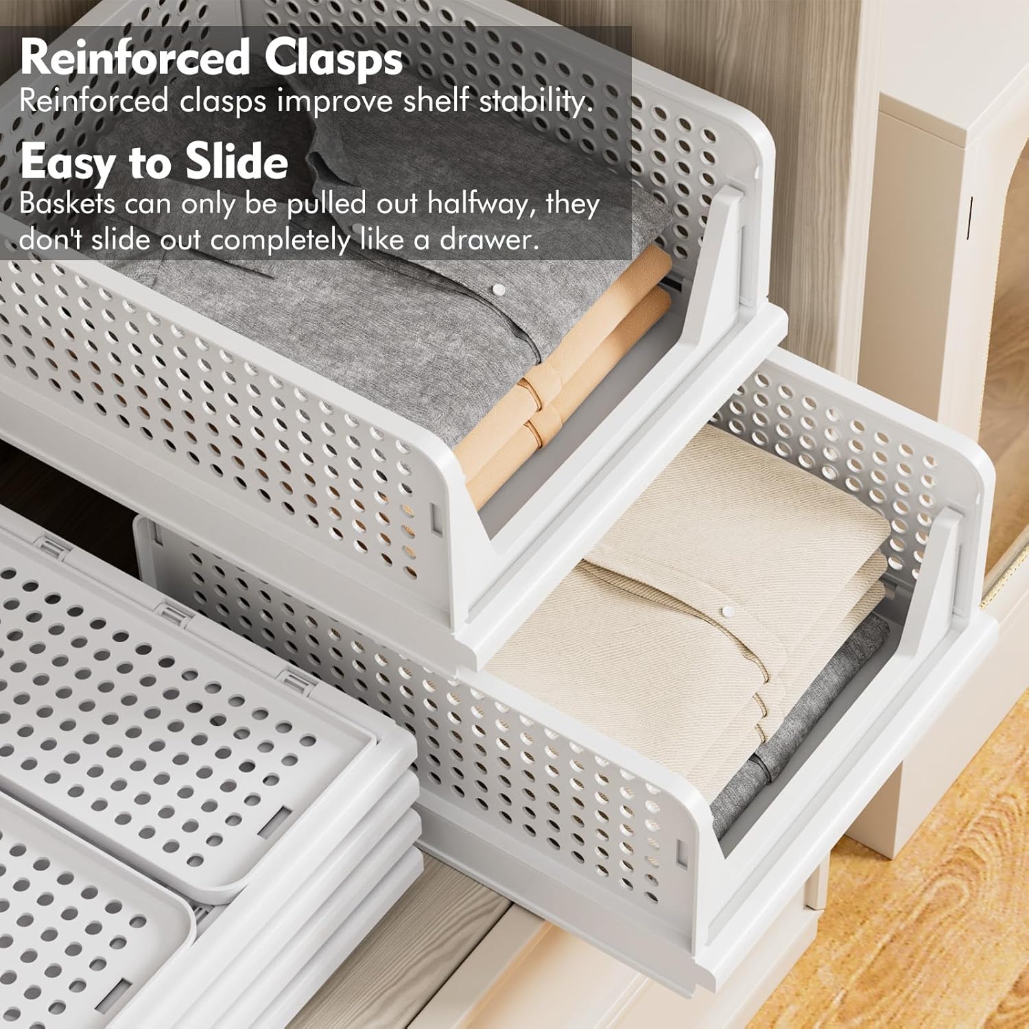 - Foldable Closet Organizer, 4 Pack Stackable Storage Boxes, Plastic Storage Baskets, Drawers for Bedroom, Kitchen and Bathroom Organization, White
